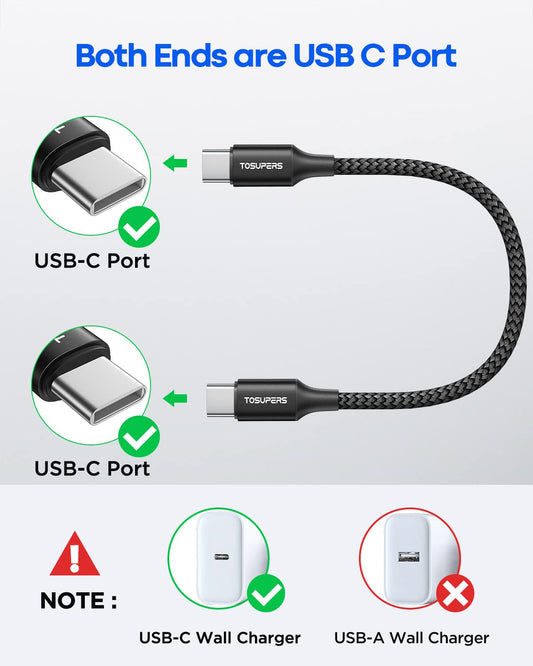 1Ft, 2 Pack Short USB C to USB C Cable Fast Charging 60W, PD Type C Charger Cord for Iphone 16 15 Pro Max Plus, for Samsung Galaxy S24 S23 S22 Ultra Z Flip6/Fold6, for Macbook/Ipad Pro